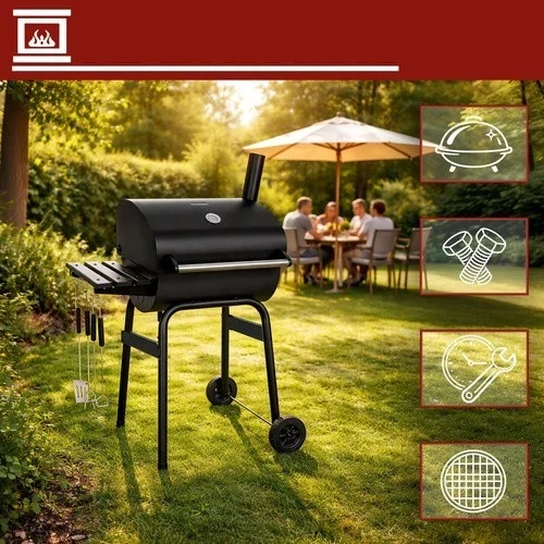 Grande barbecue a carbonella da giardino con coperchio, ripiano, accessori