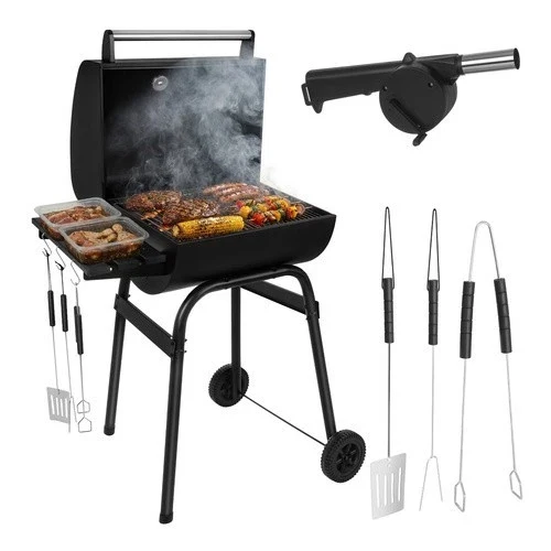 Grande barbecue a carbonella da giardino con coperchio, ripiano, accessori