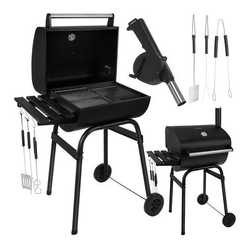 Grande barbecue a carbonella da giardino con coperchio, ripiano, accessori