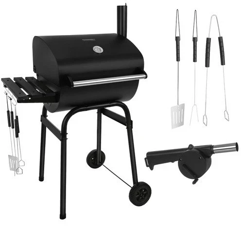 Grande barbecue a carbonella da giardino con coperchio, ripiano, accessori