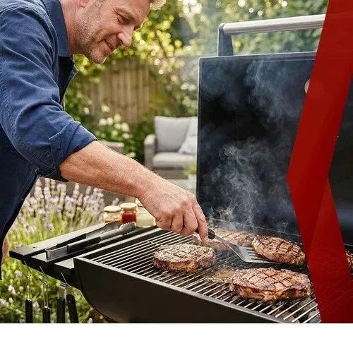 Grande barbecue a carbonella da giardino con coperchio, ripiano, accessori