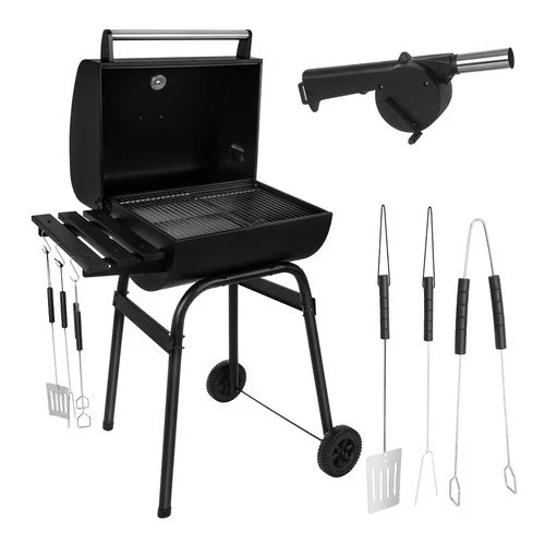 Grande barbecue a carbonella da giardino con coperchio, ripiano, accessori