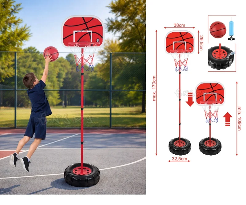 Canestro da basket con piantana e tabellone altezza regolabile con palla e pompa