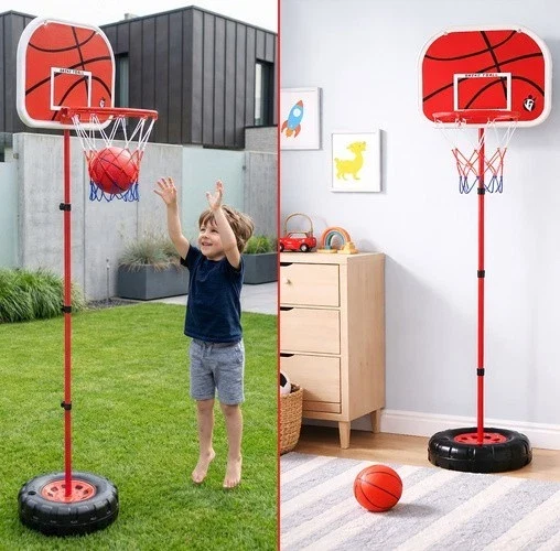 Canestro da basket con piantana e tabellone altezza regolabile con palla e pompa