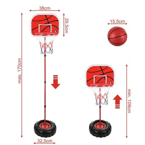 Canestro da basket con piantana e tabellone altezza regolabile con palla e pompa