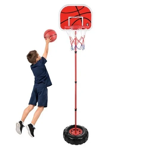 Canestro da basket con piantana e tabellone altezza regolabile con palla e pompa