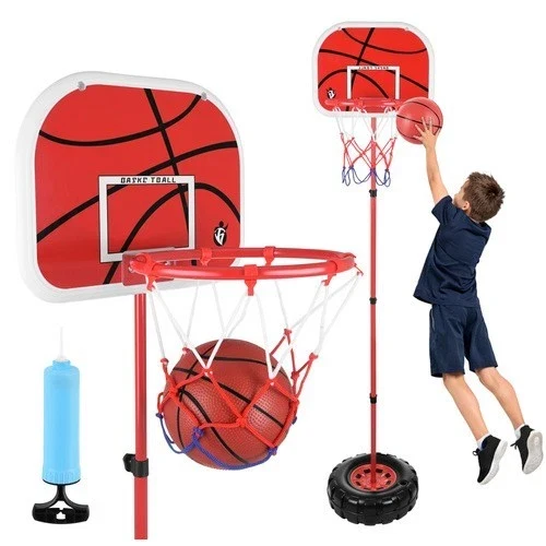 Canestro da basket con piantana e tabellone altezza regolabile con palla e pompa