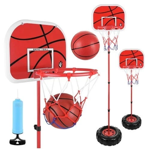 Canestro da basket con piantana e tabellone altezza regolabile con palla e pompa