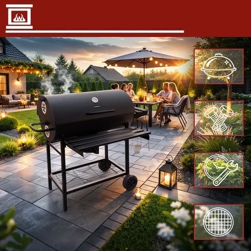 Barbecue a carbone da giardino con copertura, termometro, 2 griglie e tanti accessori