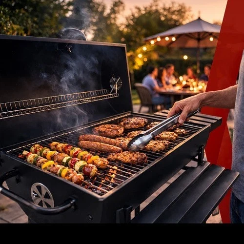 Barbecue a carbone da giardino con copertura, termometro, 2 griglie e tanti accessori