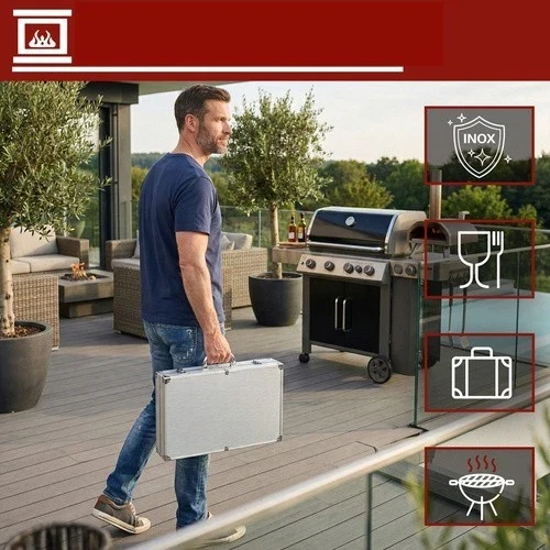 Set per barbecue, accessori, utensili per grigliare, posate per grigliare, con Valigetta
