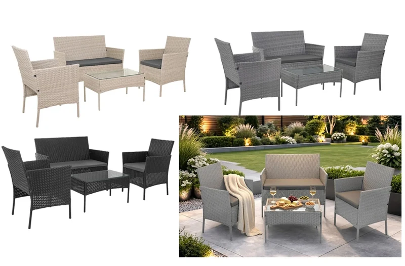 Mobili da giardino in technorattan - set di 2 sedie, divano, tavolo con vetro e cuscini