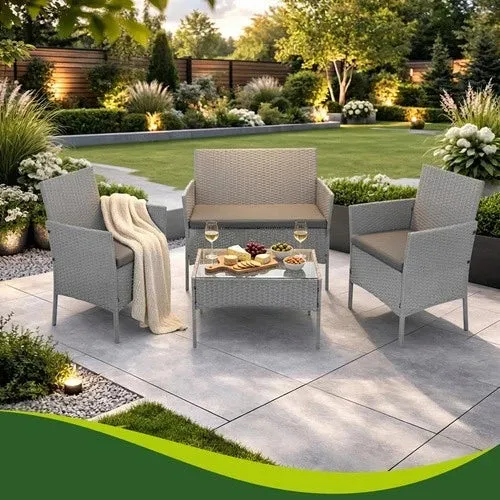 Mobili da giardino in technorattan - set di 2 sedie, divano, tavolo con vetro e cuscini