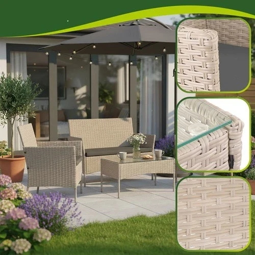 Mobili da giardino in technorattan - set di 2 sedie, divano, tavolo con vetro e cuscini