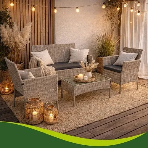 Mobili da giardino in technorattan - set di 2 sedie, divano, tavolo con vetro e cuscini