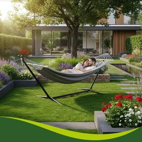 Amaca da giardino doppia XXL su telaio 200x150 cm 250 kg con barre distanziatrici