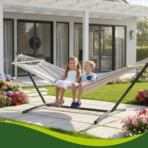 Amaca da giardino doppia XXL su telaio 200x150 cm 250 kg con barre distanziatrici