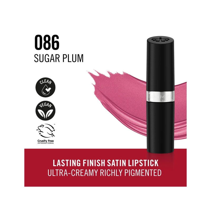 Rimmel Lasting Finish Rossetto Satinato Idratante Formula Vegana 4g 086 Sugar Plum