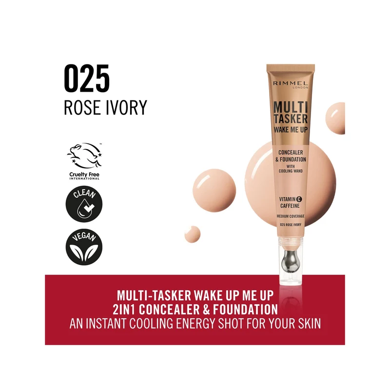 Rimmel Multi-tasker Wake Me Up Correttore & Fondotinta Formula Vegana 25 Rose Ivory 20ml