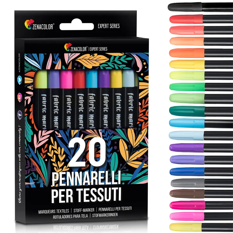 20 Pennarelli per Tessuti e Stoffa - Colori Atossici, Indelebili e Permanenti a Punta Fine - Ideali per Magliette, Borse in Stoffa e altri Tessuti - Per Bambini e Adulti