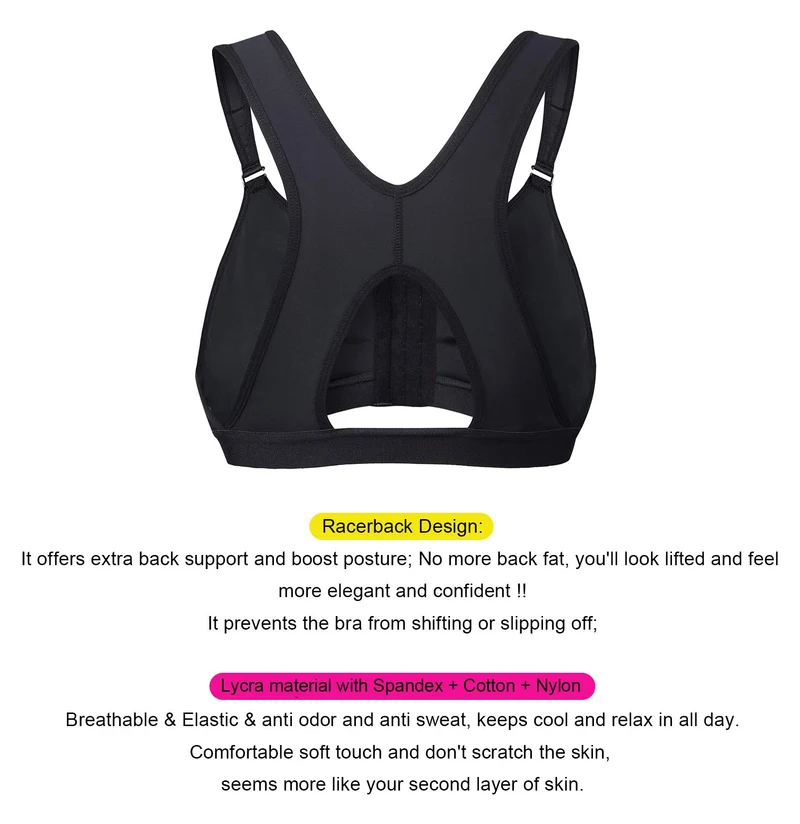 YIANNA Reggiseno Sportivo Donna Post Chirurgico Apertura Frontale Reggiseni Senza Ferretto Mastoplastica Bralette Contenitivo Nero, 128 Size L