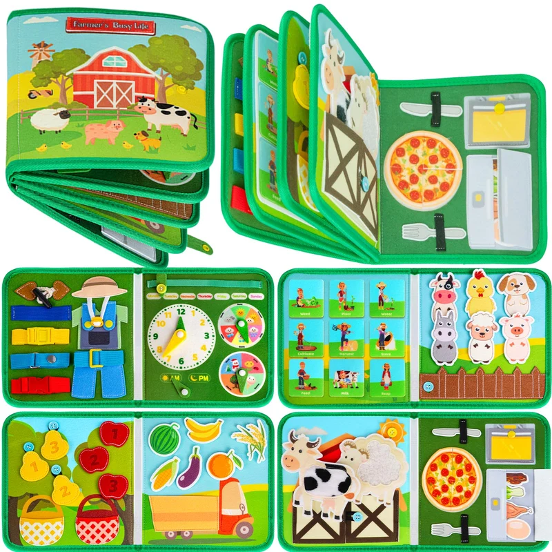 Quanquer Busy Book per Bambini Piccoli Farm Busy Board Giocattolo Montessori per Bambini di 1 2 3 Anni Attività di Apprendimento Prescolare, Giocattoli da Viaggio per Bambini Piccoli（Versione inglese）