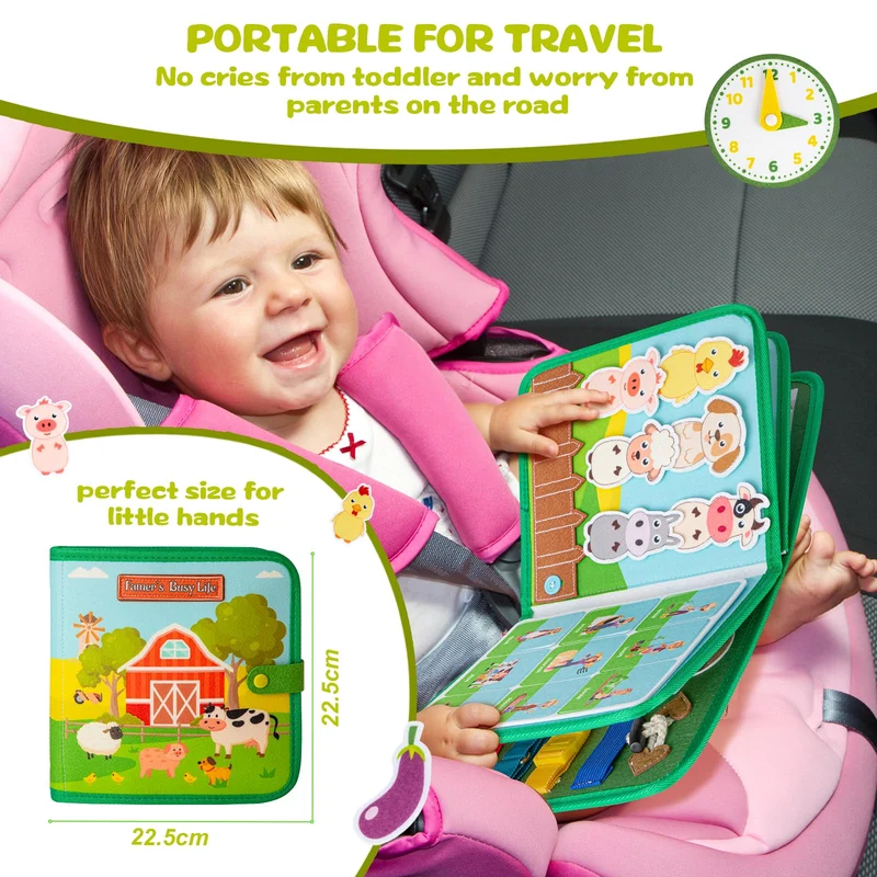 Quanquer Busy Book per Bambini Piccoli Farm Busy Board Giocattolo Montessori per Bambini di 1 2 3 Anni Attività di Apprendimento Prescolare, Giocattoli da Viaggio per Bambini Piccoli（Versione inglese）