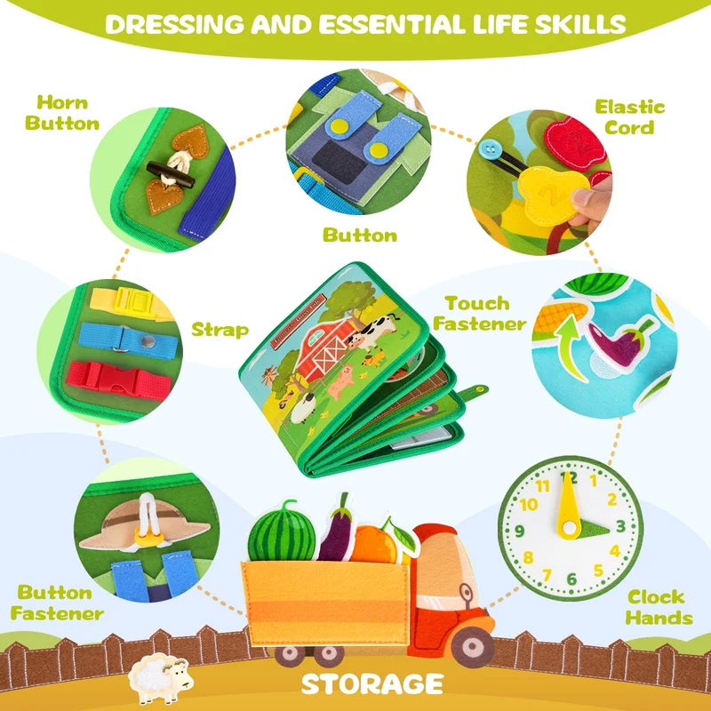 Quanquer Busy Book per Bambini Piccoli Farm Busy Board Giocattolo Montessori per Bambini di 1 2 3 Anni Attività di Apprendimento Prescolare, Giocattoli da Viaggio per Bambini Piccoli（Versione inglese）