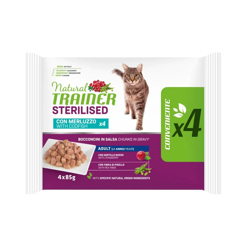 Natural Trainer Sterilised con Merluzzo 4x85g - Gatti Adulti Sterilizzati