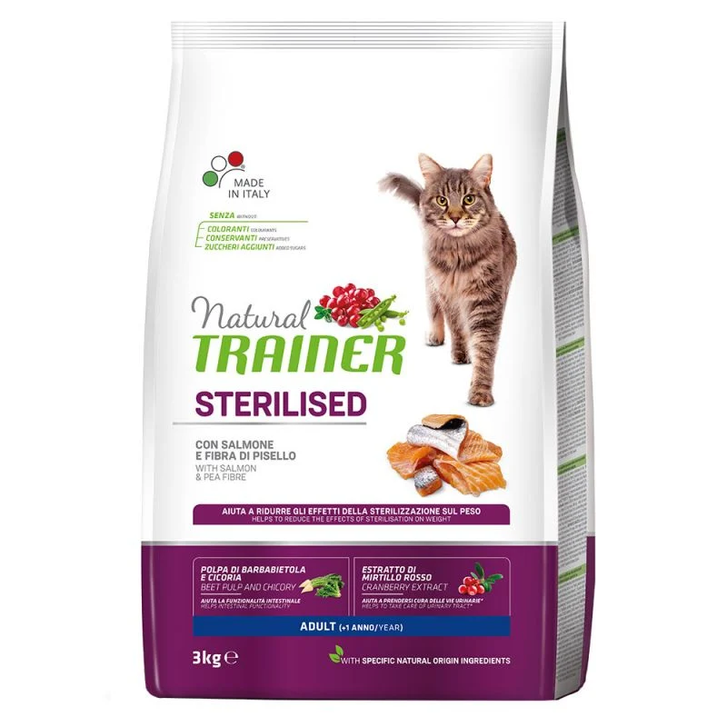 Natural Trainer Sterilised con Salmone 3kg - Gatti Adulti Sterilizzati