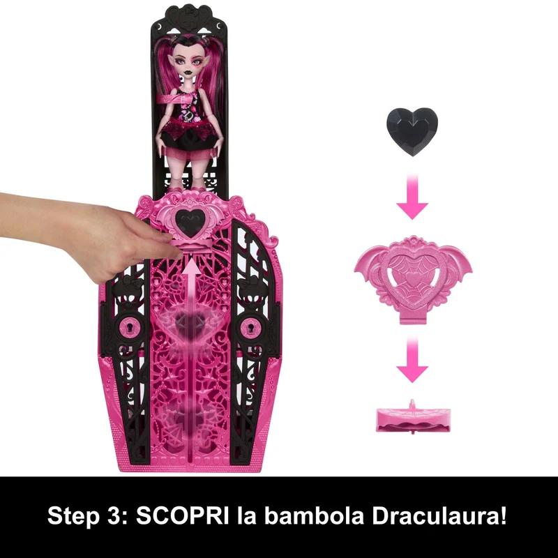 Monster High Segreti da Brivido - Draculaura Misteri Mostruosi, Set con Bambola e Guardaroba, 19 Accessori e Capi d'Abbigliamento a Sorpresa Inclusi, Giocattolo per Bambini, 4+ Anni, HXH84