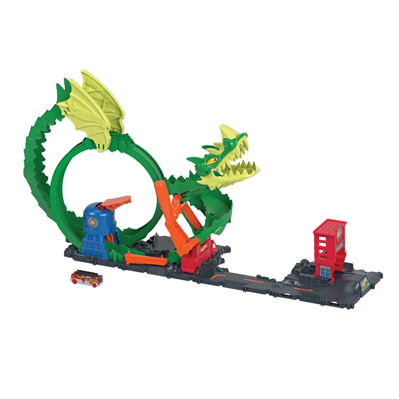 Hot Wheels City - Dragone di Fuoco, Set da Gioco con Stazione Vigili del Fuoco e Pista-Corpo del Drago da sconfiggere, 1 macchinina Inclusa, Giocattolo per Bambini, 5+ Anni, HJV70