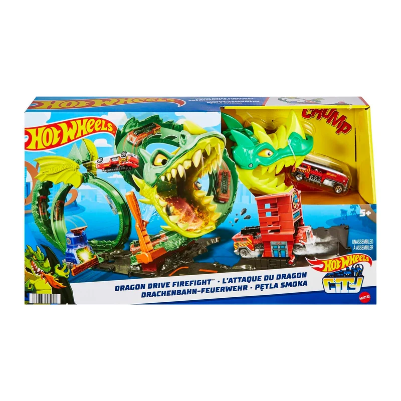 Hot Wheels City - Dragone di Fuoco, Set da Gioco con Stazione Vigili del Fuoco e Pista-Corpo del Drago da sconfiggere, 1 macchinina Inclusa, Giocattolo per Bambini, 5+ Anni, HJV70