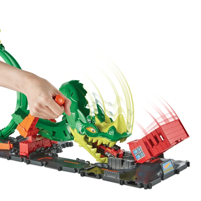 Hot Wheels City - Dragone di Fuoco, Set da Gioco con Stazione Vigili del Fuoco e Pista-Corpo del Drago da sconfiggere, 1 macchinina Inclusa, Giocattolo per Bambini, 5+ Anni, HJV70