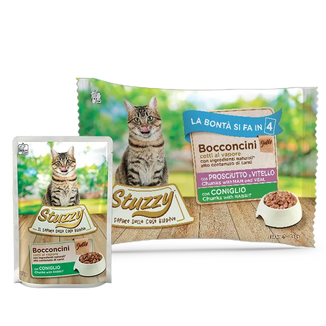 4x85g Stuzzy Multipack Bocconcini Prosciutto Vitello e Coniglio – Gatto Adulto