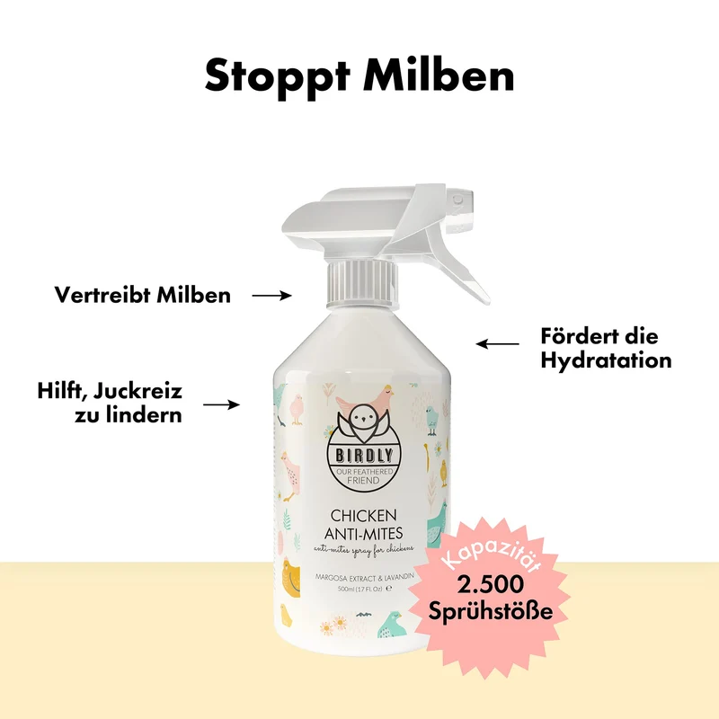 Spray antiacaro BIRDLY per polli – 500 ml – Efficace repellente per acari con oli essenziali, spray antiacaro contro acari e parassiti, per la prevenzione e l'infestazione acuta