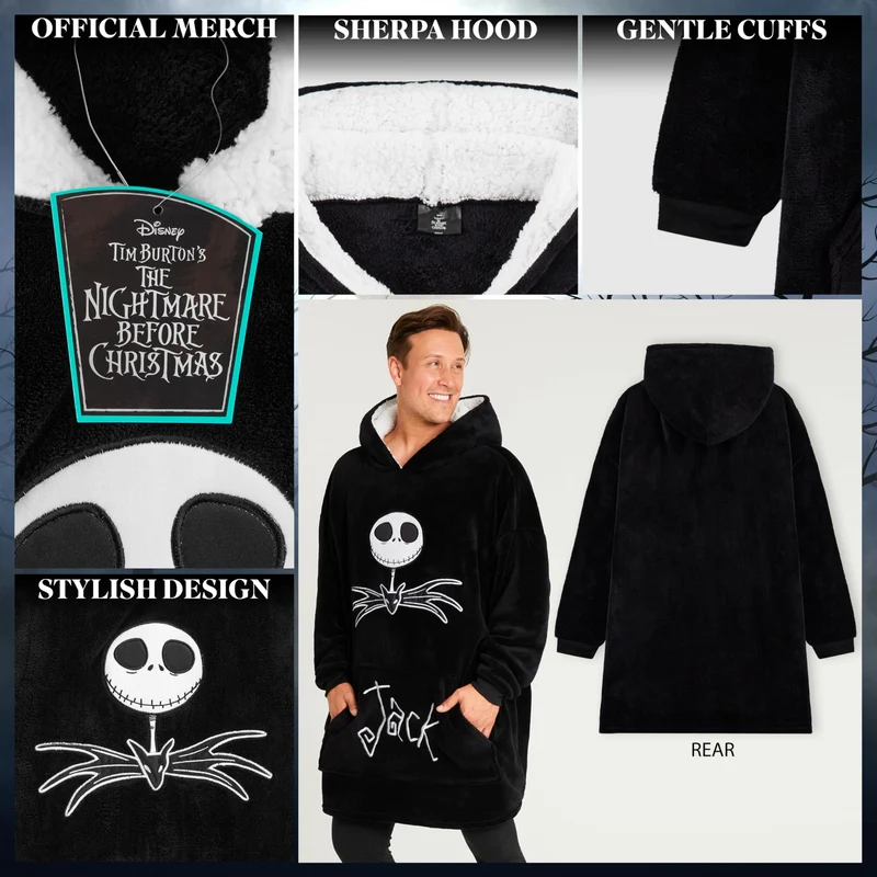 Disney Felpe con Cappuccio da Donna Felpa Coperta Oversize in Pile Felpa Invernale Donna Ragazza Stitch Jack Skellington (Nero/Jack Skellington)