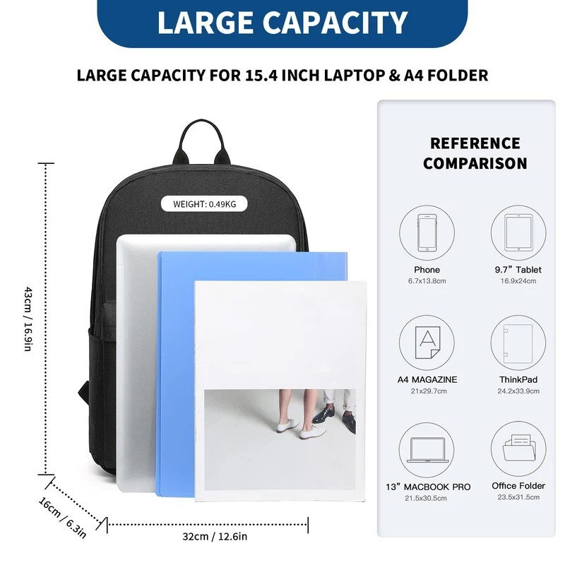 KONO Zaino casual, zaino scuola leggero 15,4 pollici Laptop Bag per viaggi lavoro scuola affari sport (Nero)