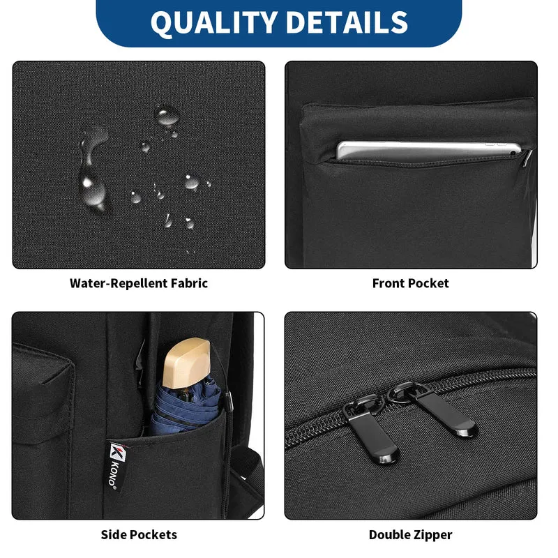 KONO Zaino casual, zaino scuola leggero 15,4 pollici Laptop Bag per viaggi lavoro scuola affari sport (Nero)