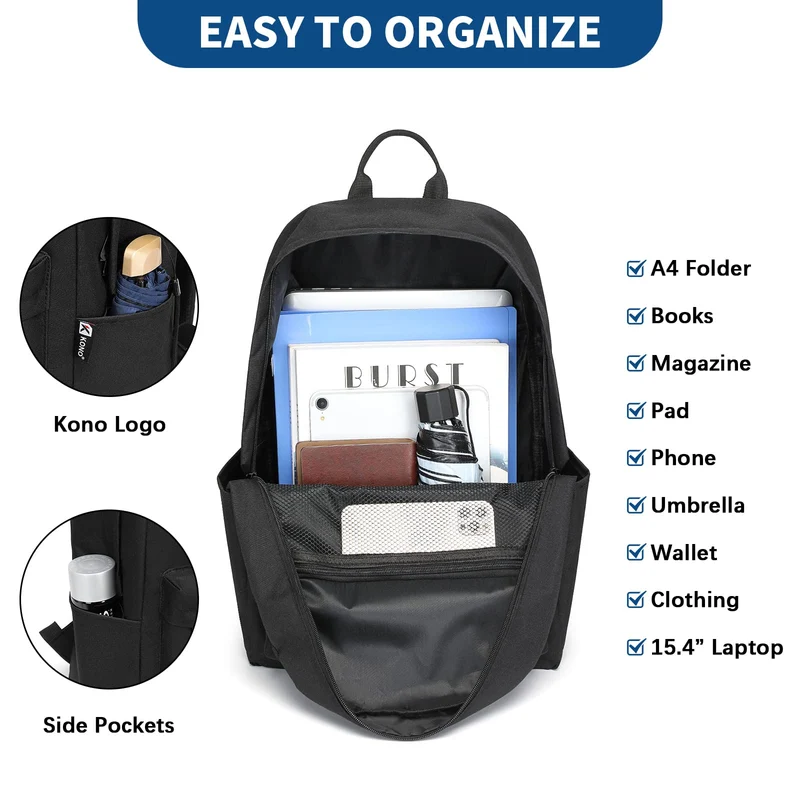 KONO Zaino casual, zaino scuola leggero 15,4 pollici Laptop Bag per viaggi lavoro scuola affari sport (Nero)