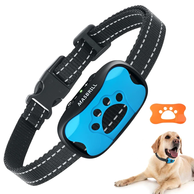 MASBRILL Collare Antiabbaio, Collare Antiabbaio Ricaricabile per Cani di Piccola Media Grande Taglia, Dispositivo Antiabbaio con Suono e Vibrazione 7 Livelli di Sensibilità - Blu