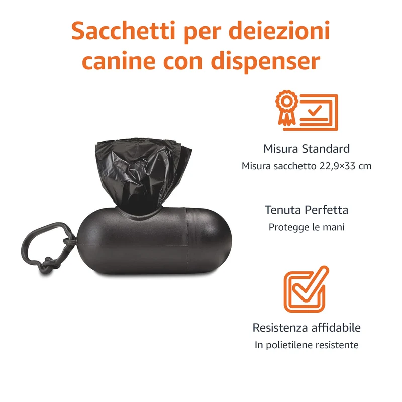 Amazon Basics - Sacchetti per bisogni dei cani, con dispenser e clip per guinzaglio, Senza profumazione, confezione da 900