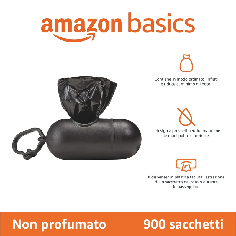 Amazon Basics - Sacchetti per bisogni dei cani, con dispenser e clip per guinzaglio, Senza profumazione, confezione da 900