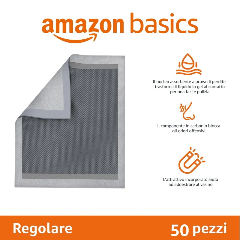 Amazon Basics Tappetini al carbone con controllo degli odori per l'addestramento di cani e cuccioli,prova di perdite con superficie ad asciugatura rapida,dimensione XL, confezione da 50, grigio