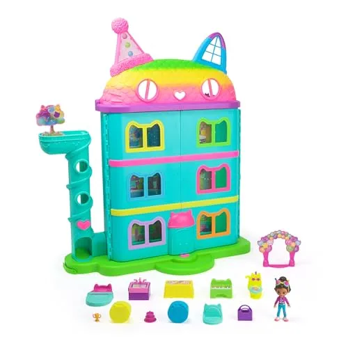 Gabby's Dollhouse, la Casa delle Bambole di Gabby a Tema Festa, 15 Pezzi a Tema Arcobaleno, Personaggi e Mobili per la Casa delle Bambole con Effetti Sonori, Alta 60 cm, 3+ Anni