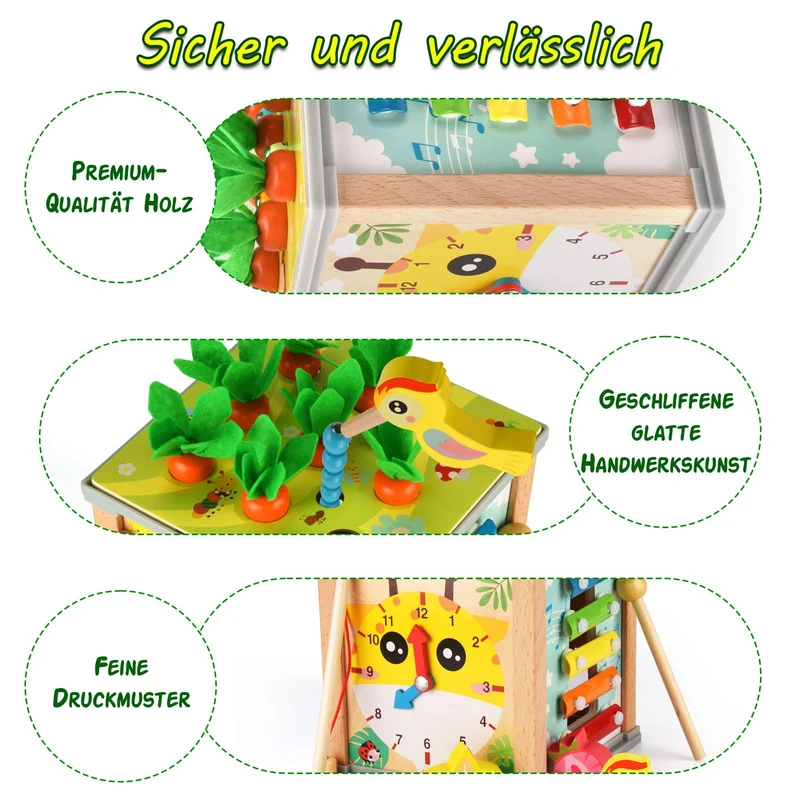 Cubo di Abilità Motorie in Legno, 7 in 1 Montessori Cubo Multiattività, Cubo di attività in Legno,Giocattolo per attività in Legno,Giochi Educativi, Giochi Bambini, Natale Compleanno Regalo 1 2 3
