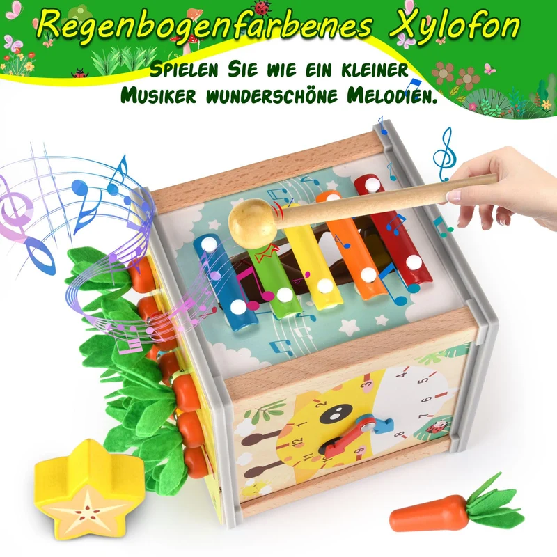 Cubo di Abilità Motorie in Legno, 7 in 1 Montessori Cubo Multiattività, Cubo di attività in Legno,Giocattolo per attività in Legno,Giochi Educativi, Giochi Bambini, Natale Compleanno Regalo 1 2 3