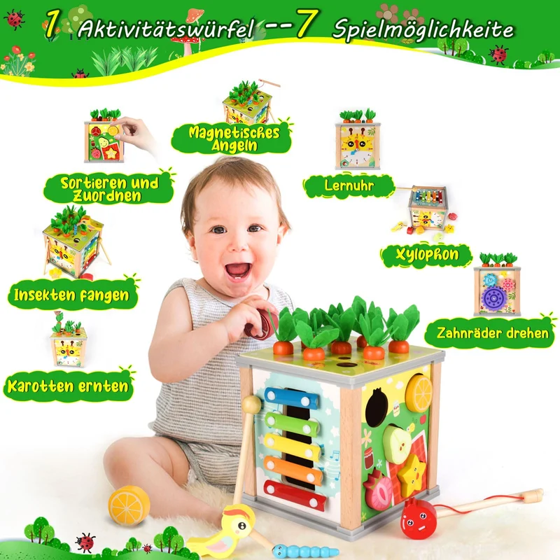 Cubo di Abilità Motorie in Legno, 7 in 1 Montessori Cubo Multiattività, Cubo di attività in Legno,Giocattolo per attività in Legno,Giochi Educativi, Giochi Bambini, Natale Compleanno Regalo 1 2 3