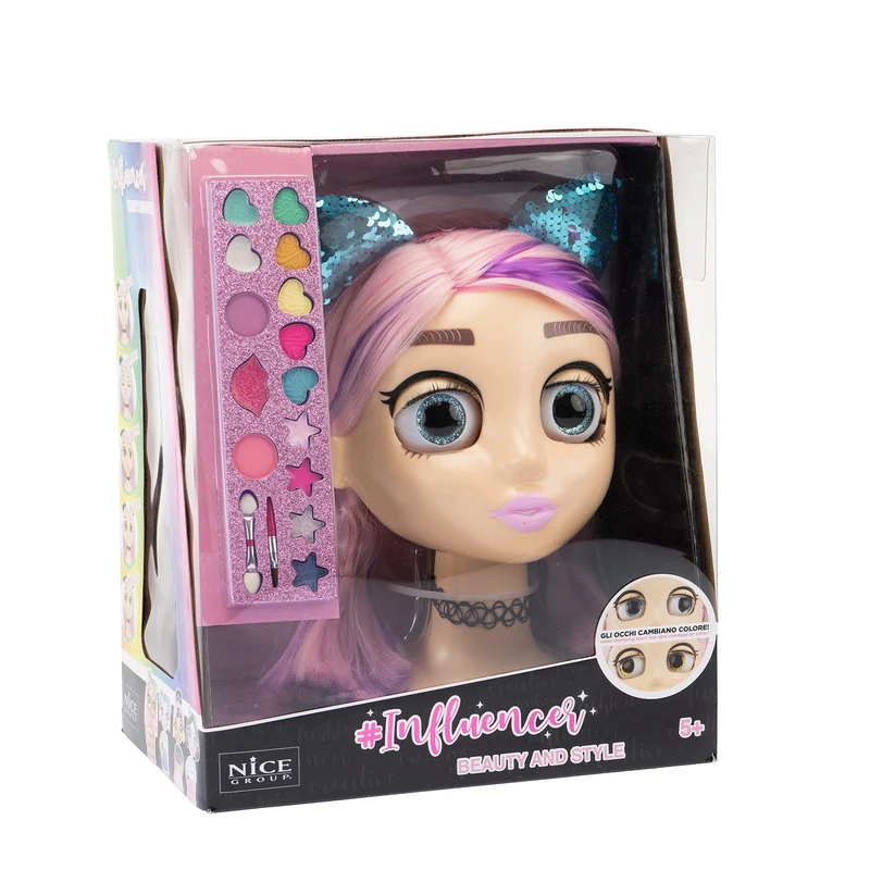 Nice Group- Influencer Make Up Doll, Testa da Truccare e Pettinare con Occhi Cambia Colore per Bambine Influenzare Trucchi, Multicolore, Taglia Unica, 92049