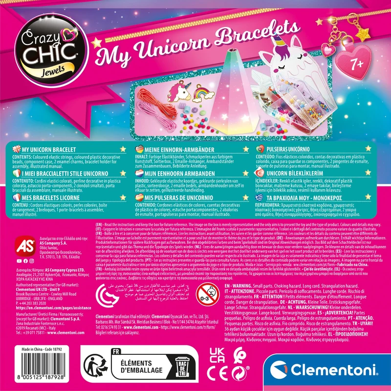 Clementoni - 18792 - Crazy Chic - My Unicorn Bracelets - Kit Braccialetti Fai da Te Bambina, Set per Realizzare Braccialetti, Gioco Creativo 7 Anni, Braccialetti Amicizia Bambina, Lavoretti Creativi
